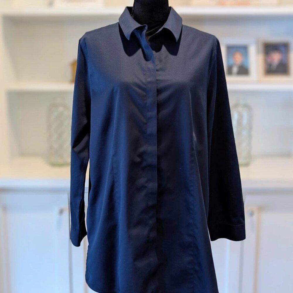 Chico's Sz 3 XL 16 Navy Blue No-Iron Button Up Down Shirt Top Long Sleeve Hidden